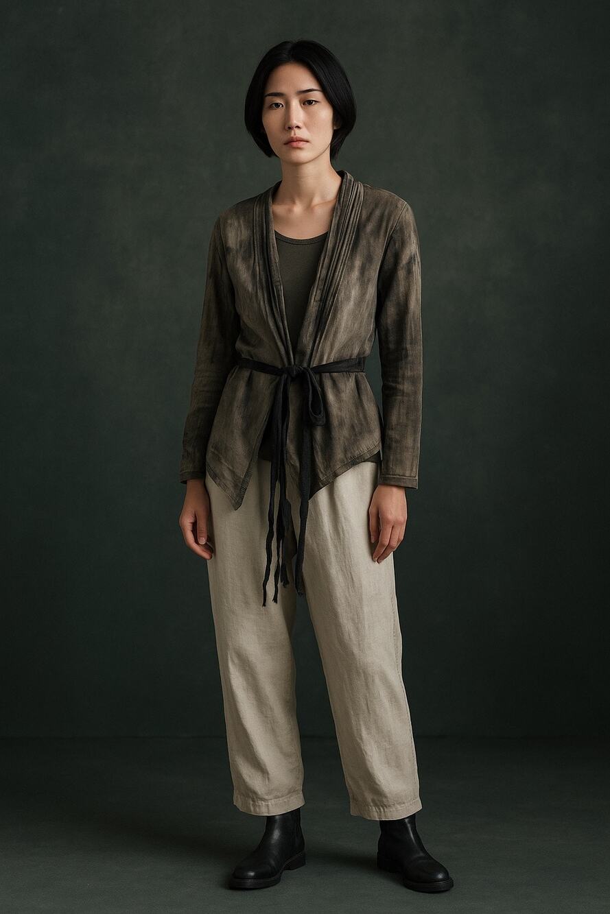 Pas de Calais Linen Blend Hand Dyed Belted Blouse Grey Tie Dye 36 Sheer Size 4